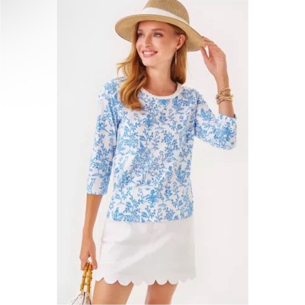 Lilly Pultizer Blue White Tall Tales Giraffe Print Paulson Knit Top Sz L Coastal